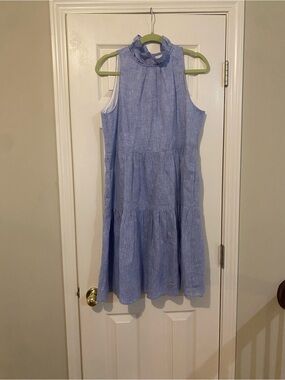 Sarah Campbell Light Blue Tiered Sleeveless Linen Midi Dress with Ruffle Neck S